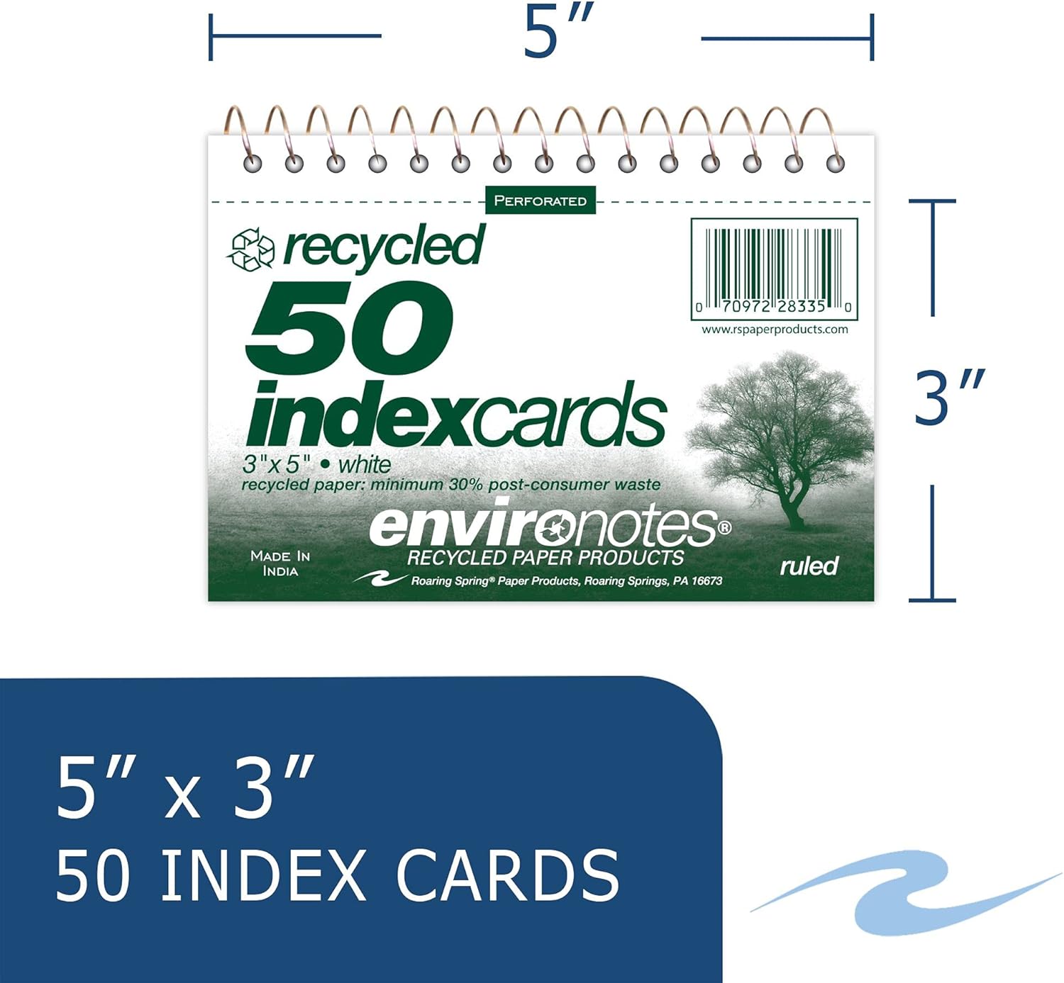 Roaring Spring Wirebound Index Cards, White Paper, Ruled One Side and Perforated, 5" x 3.5", 50 Sheets per Book - Image 3