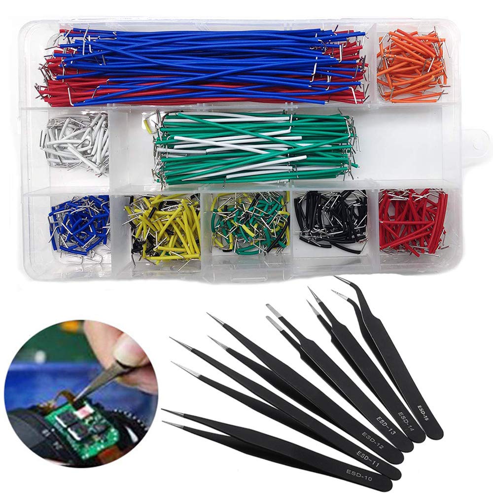 QISF 560Pcs Breadboard Jumper Wires Assorted Kit, Preformed Breadboard U-Shape Jumper Wires 14 Assorted Length + 6PCS Staniless Steel ESD Anti-Static Tweezers for Electronics, Repairing