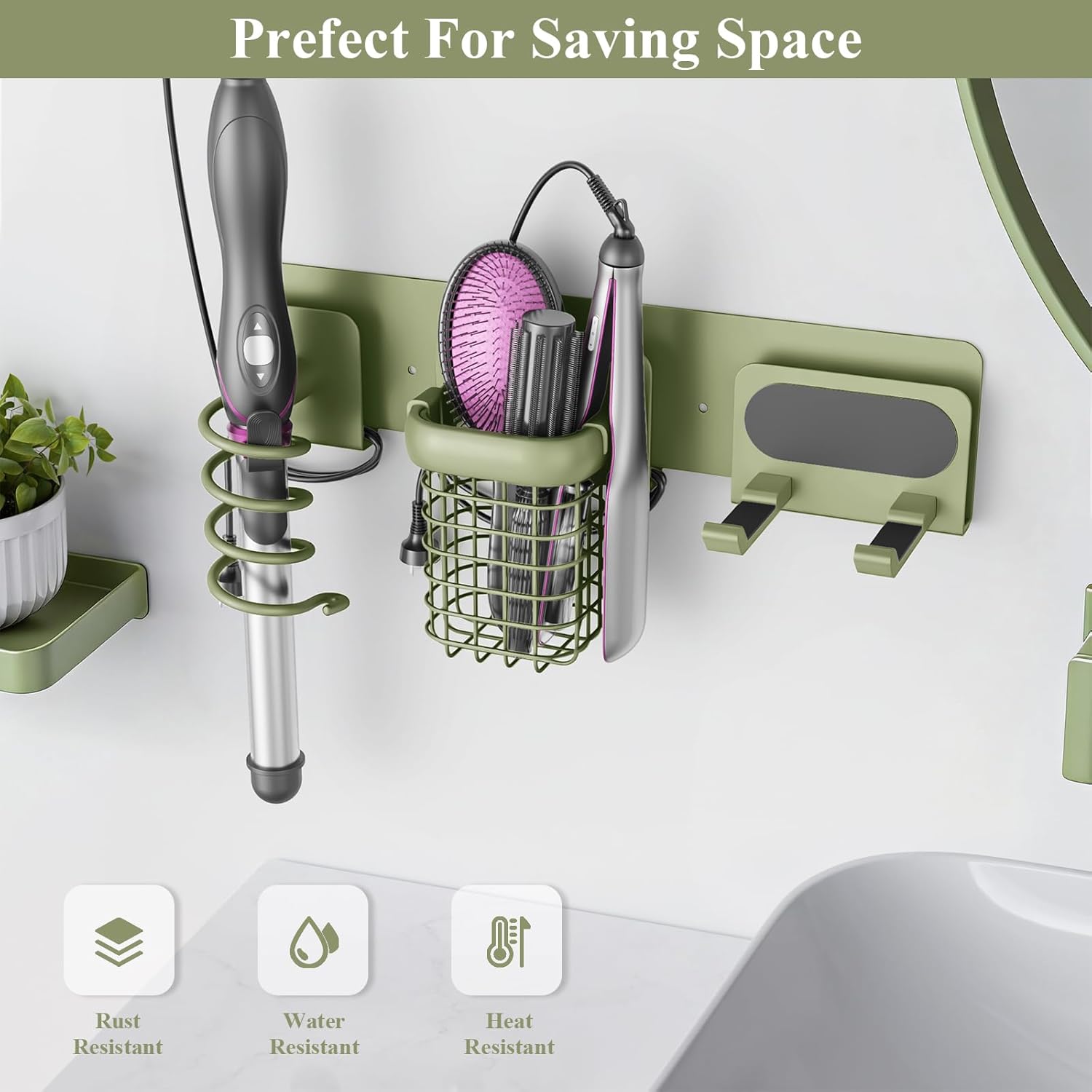 Tindbea Upgraded Aluminum Alloy Hair Dryer Holder Wall Mounted with Built-in Cord Wrap,3-in-1 Hair Tool Organizer for Blow Dryer, curling iron, and straightener, Green