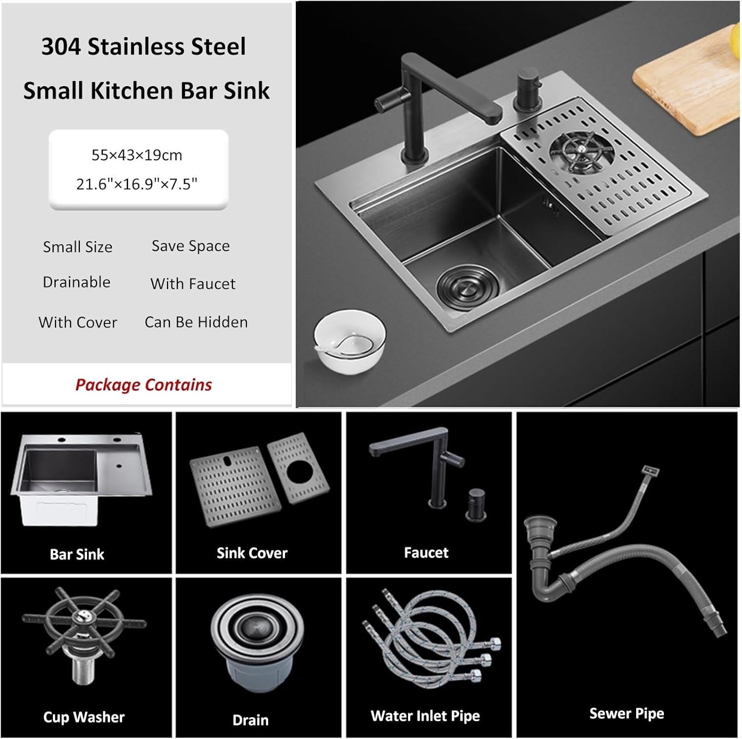 55×43×19Cm Small Bar Sink, with Faucet, Cup Washer, Sink Cover and Drain Set, 304 Stainless Steel Kitchen Bar Prep Sink, Cup Washing Sink, Concealable Workstation Sink,Black-55x43x19cm