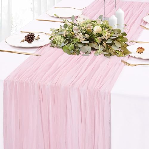 SAJOO Camino de mesa de gasa rosa de 10 pies, estilo bohemio, rústico, transparente, de 120 pulgadas, decoración de mesa de gasa para boda, novia,