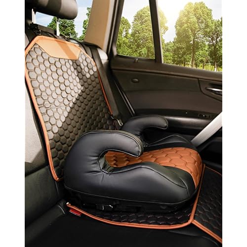 Owleys Backless Booster Car Seat with Latch Connectors, Kids Booster Seat for Car 40-100 lbs, Waterproof Eco Leather Cushion & Anti-Slip Base, Portable Travel Design for Ages 4-12, Black-Brown