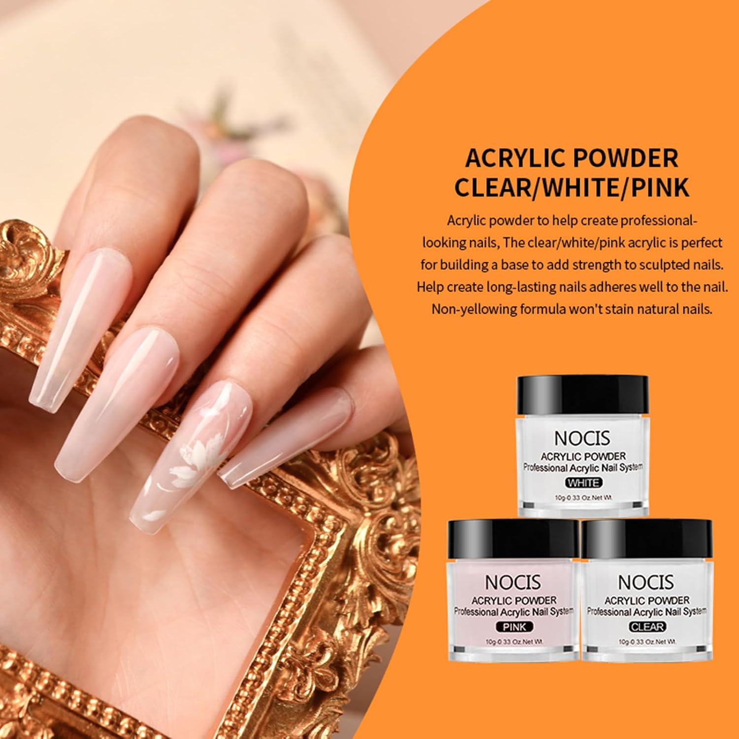 Nocis Professional 3 Colors Acrylic Powder Liquid Monomer Set With Nail Pens Forms For Nail Extension Carving Diy Salon Home Use