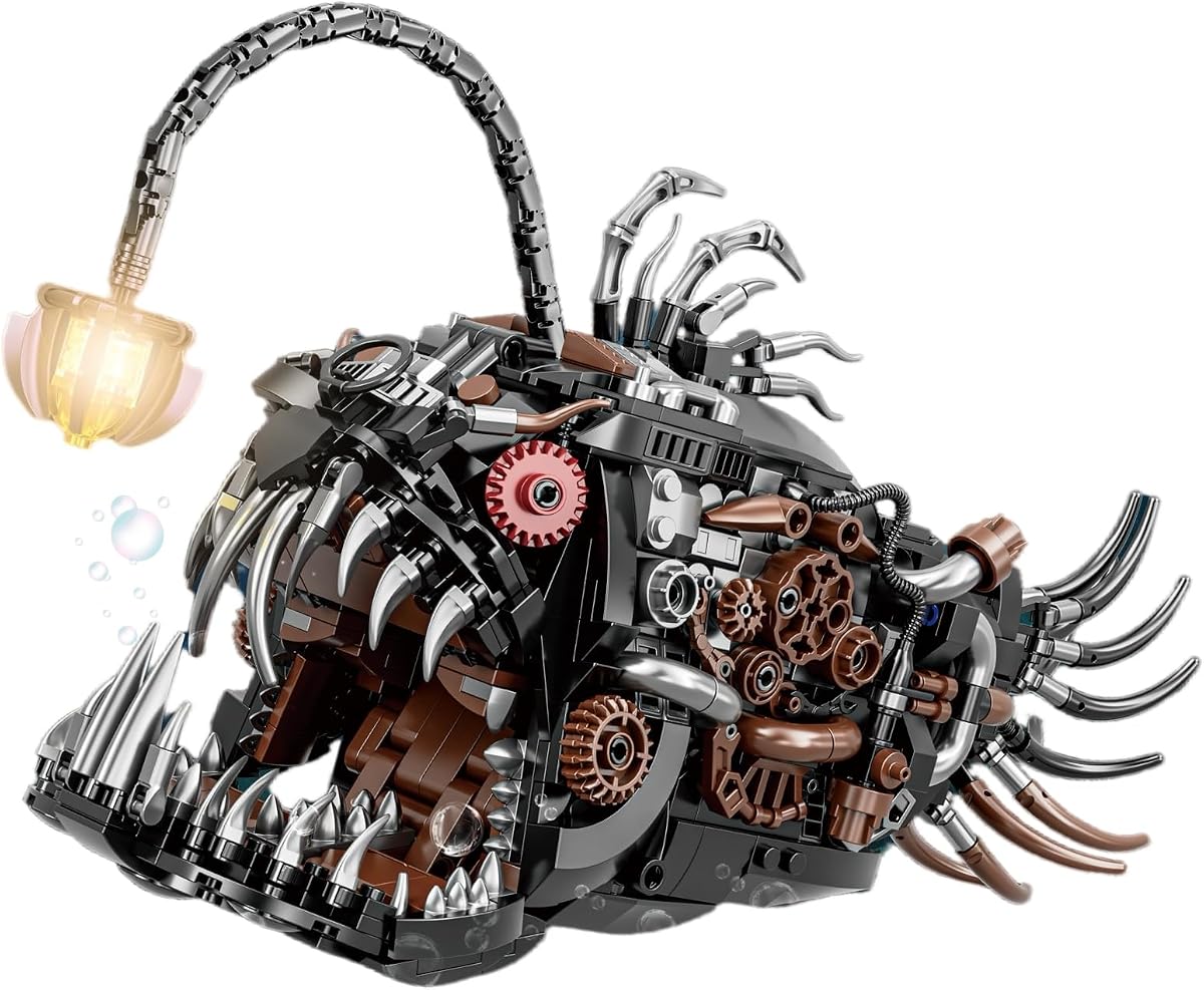 Mechanical Angler Fish Building Blocks Kit for Kids & Adults– Premium STEM Toy Set for Boys 8-14+, 1038+ Pieces Artistic Steampunk Light-Up Model Kits, for Teens & Collectors