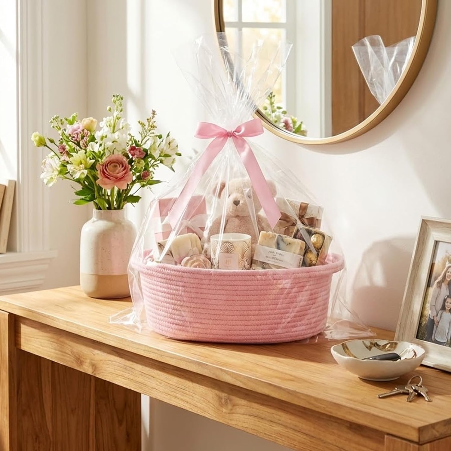 ShellKingdom Gift Basket with Gift Bags, Ribbon for Mother‘s Day, Father's Day, Birthday, Empty Small Woven Baskets for Home, Nursery Storage Organizer, 13.3 X 6.6 X 3.5 INCH, Pink image 2
