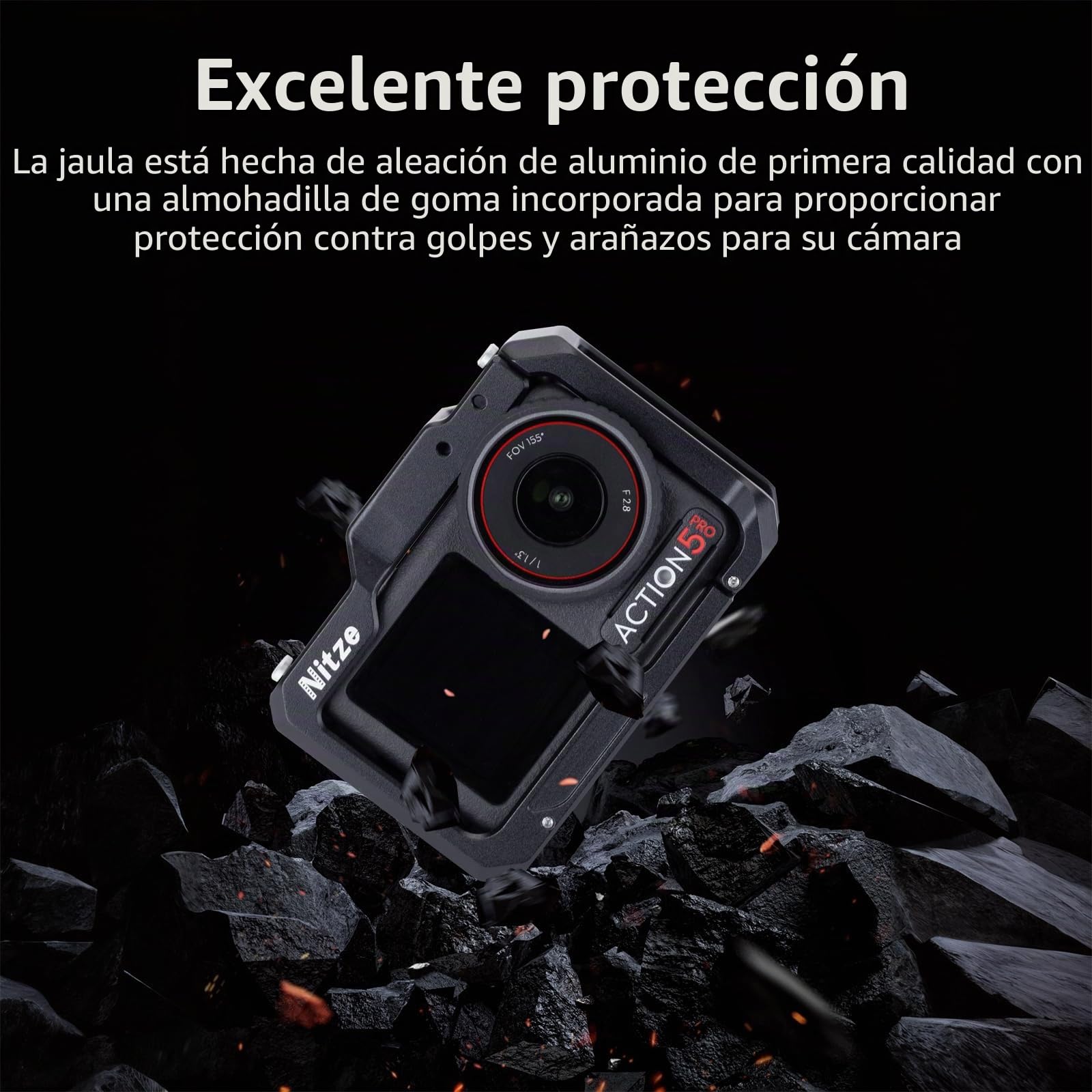 Nitze Jaula para DJI Osmo Action 5 Pro, Action 4, Action 3, jaula de metal de aluminio con interfaz magnética, orificio de rosca de 1/4", zapata fría para micrófono o luz LED de vídeo - T-D03A