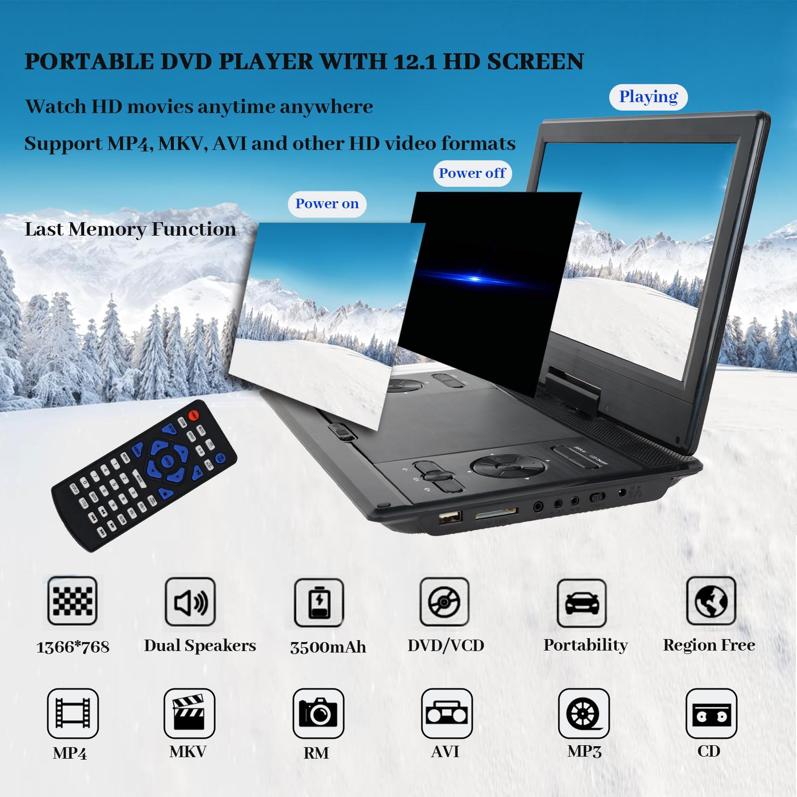 YOOHOO Lecteur DVD Portable 14,9'' Écran HD 12,1'' Batterie Rechargeable USB/SD/AV
