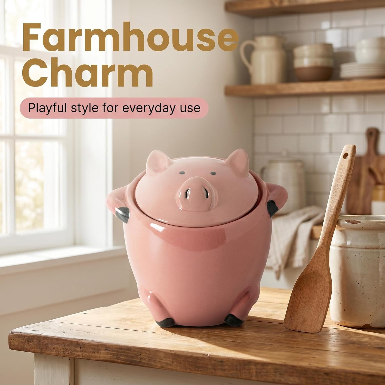 Ceramic Pig Bacon Grease Container with Strainer and Lid | Cute pig-shaped ceramic grease container with removable strainer helps collect and store bacon grease in farmhouse style.