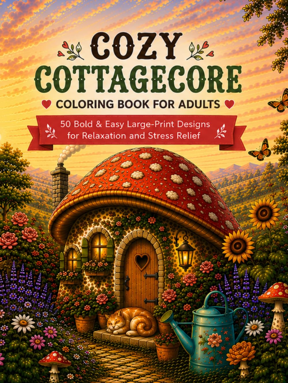 Cozy Cottagecore Coloring Book for Adults: 50 Bold & Easy Large-Print Designs of Mushroom Cottages, Cozy Kitchens, Wildflowers, and Countryside Charm for Relaxation and Stress Relief