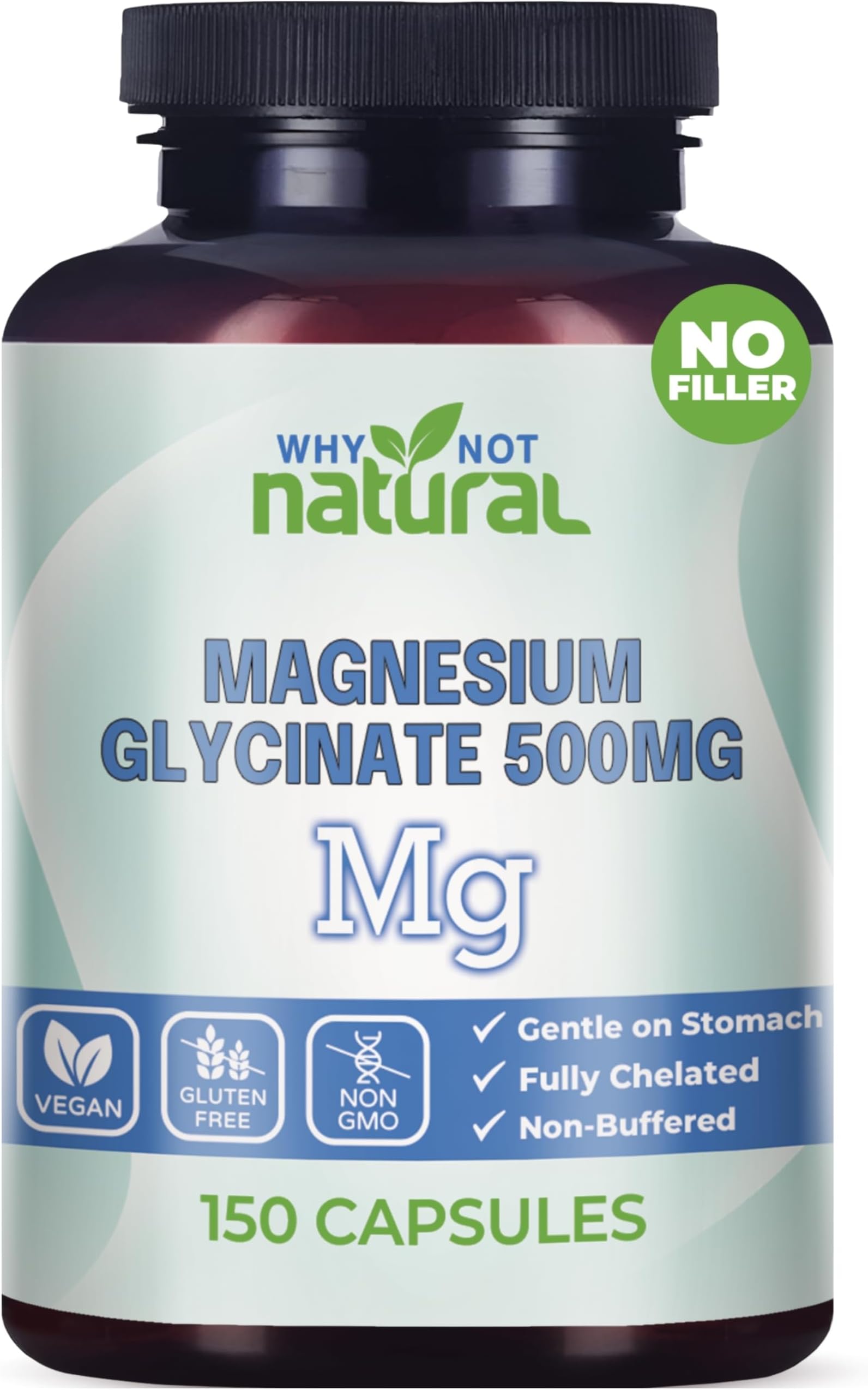 Why Not Natural Magnesium Glycinate 500 mg Capsules Supplement - Vegan, No Filler - Supports Sleep and Relaxation