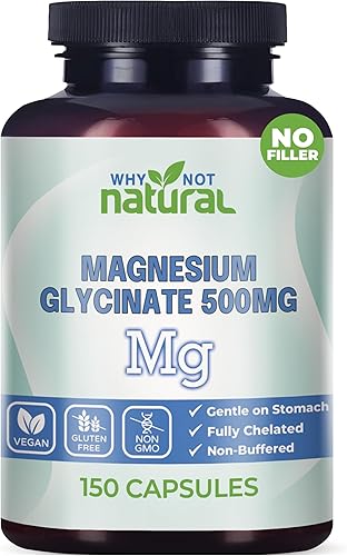 Why Not Natural 120 cápsulas de glicinato de magnesio de 500 mg - Suplemento vegano, sin relleno - Apoya el sueño y la relajación