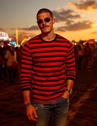 Zengjo Men's Casual Cotton Spandex Striped Crewneck Long-Sleeve T-Shirt Basic Pullover Stripe tee Shirt