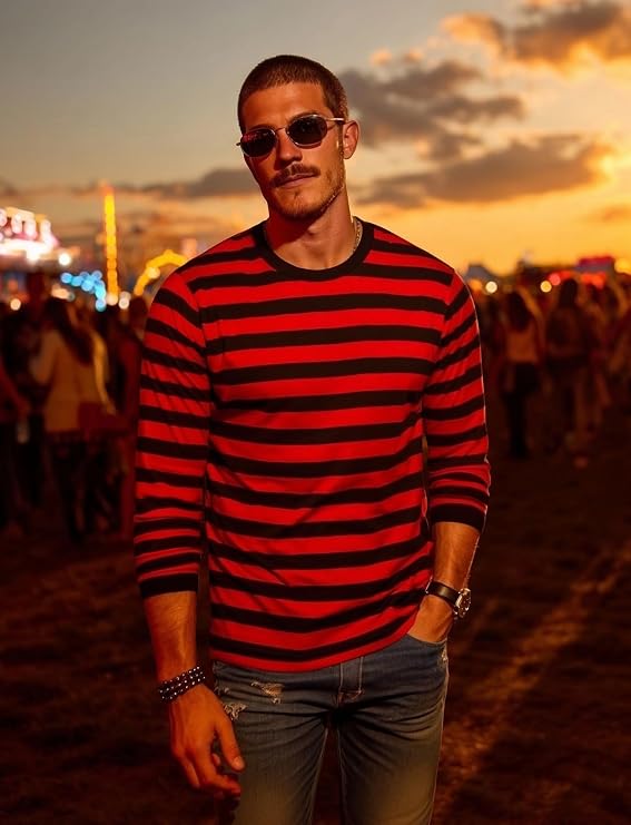 Zengjo Men's Casual Cotton Spandex Striped Crewneck Long-Sleeve T-Shirt Basic Pullover Stripe tee Shirt