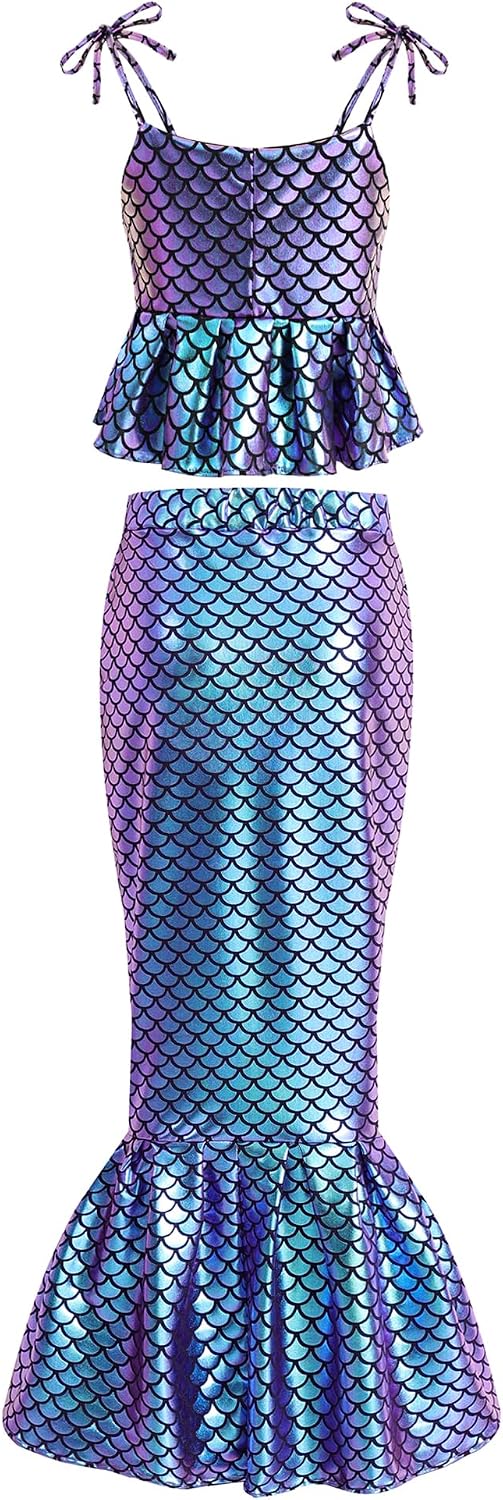 Girls Mermaid Dress Long Skirts Mermaid Sleeveless Tie Shirts Top 4-12 Years with Same Color Accessories