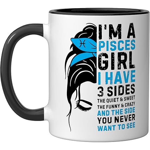 Pisces Girl Birthday Pisces Zodiac Sign Messy Bun Funny Ceramic Mug, Black/White