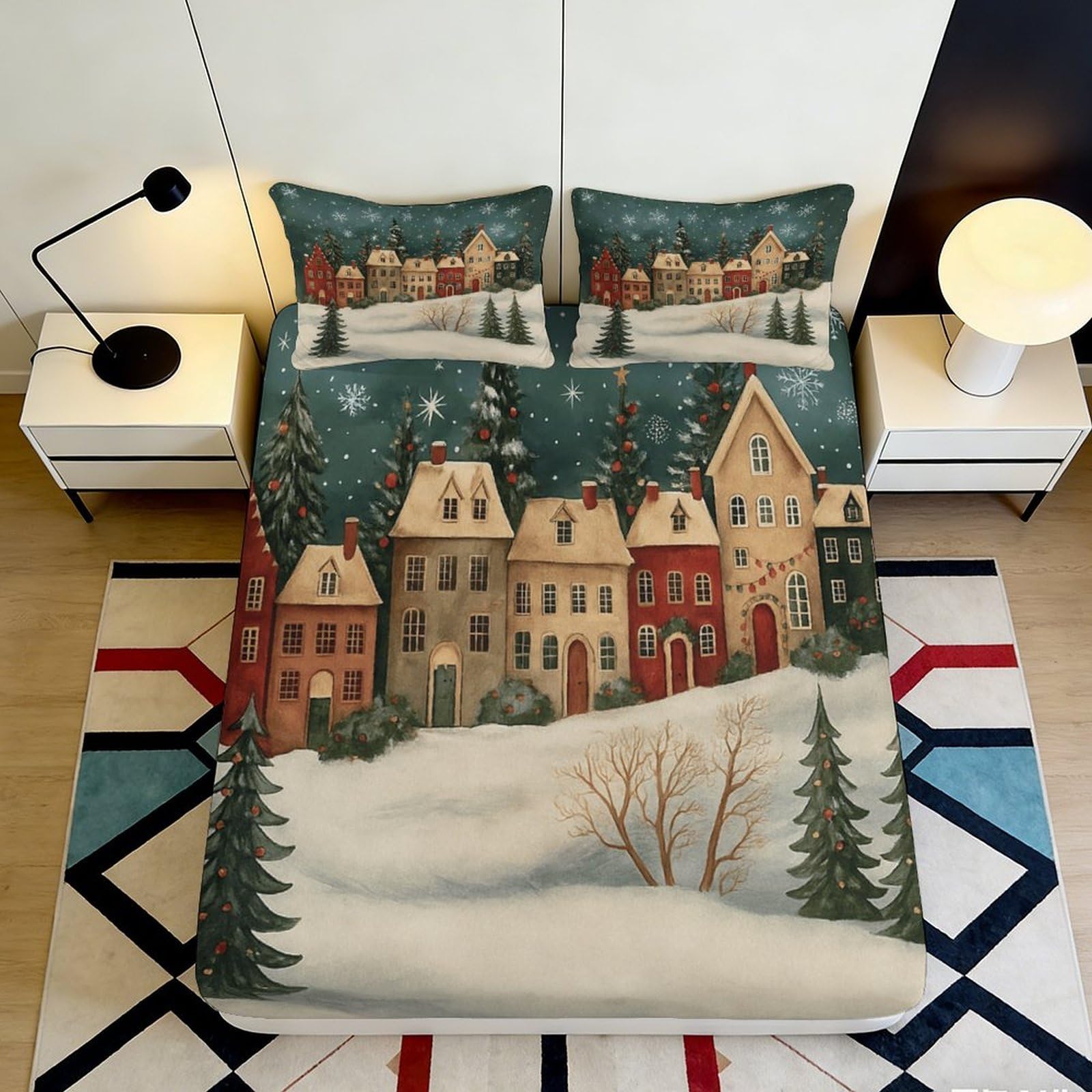 3D Printed Christmas Village Fitted Sheet Microfiber Anti-Slip Snow Winter House Mattress Cover for Bedroom Guest Room Decor 200x200x25cm