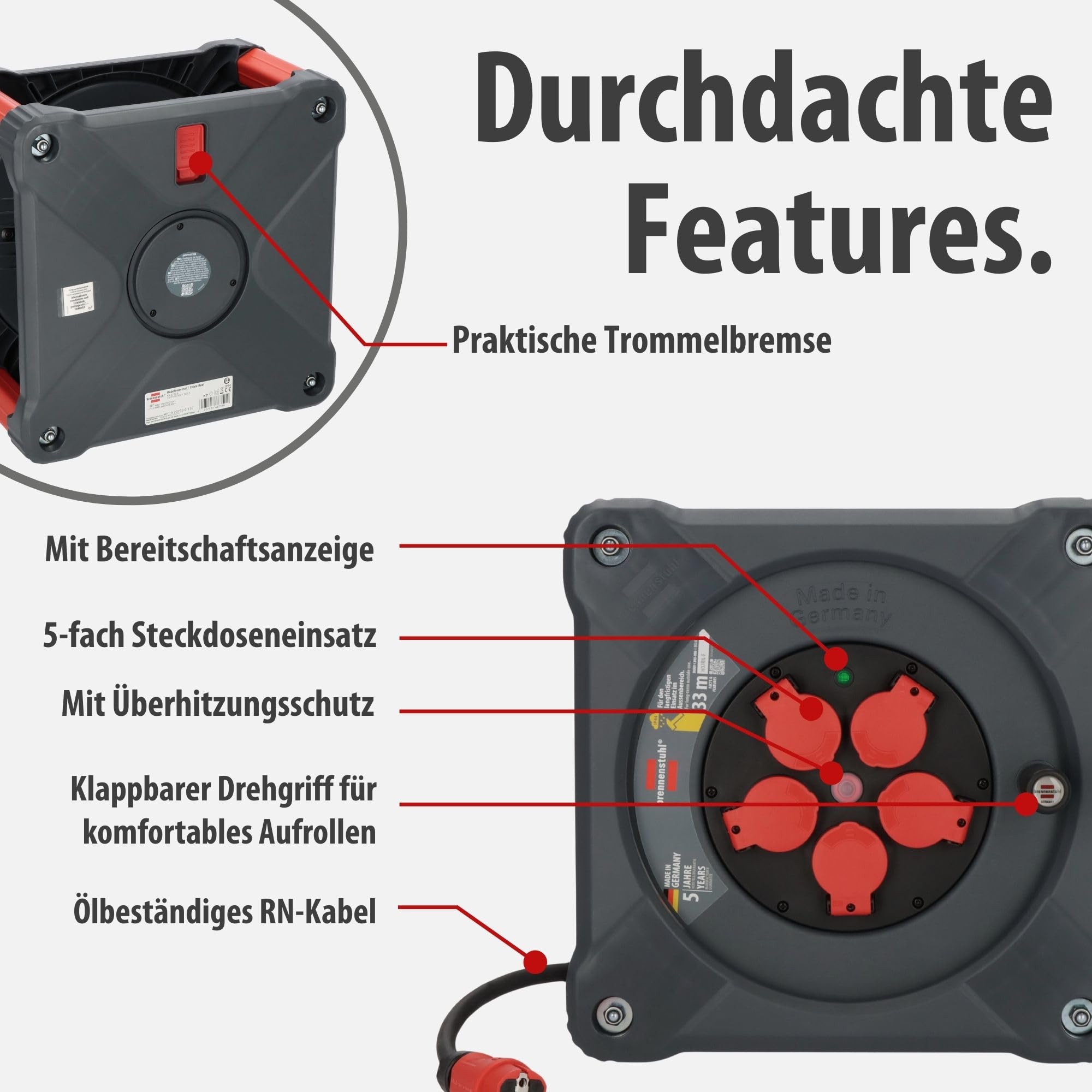 Brennenstuhl Avvolgicavo professionale per cantiere, KA 3200 5 IP44 (33 m cavo H07RN-F 3G2,5 in nero, 5 prese di sicurezza, uso in cantiere e uso esterno permanente, Made in Germany)