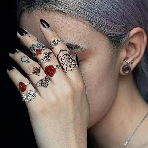Miniatura 4 de Juego de anillos de nudillos góticos vintage para mujer, juego de anillos de diablo apilables punk, araña, serpiente, cráneo, murciélago, garra