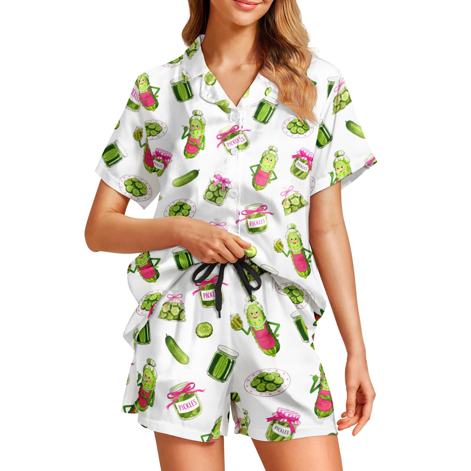 Funny Pajamas for Women Set Print Satin Loungewear Pjs Short Sleeve Button Down Top and Shorts Sets Sleepwear XS-3XL