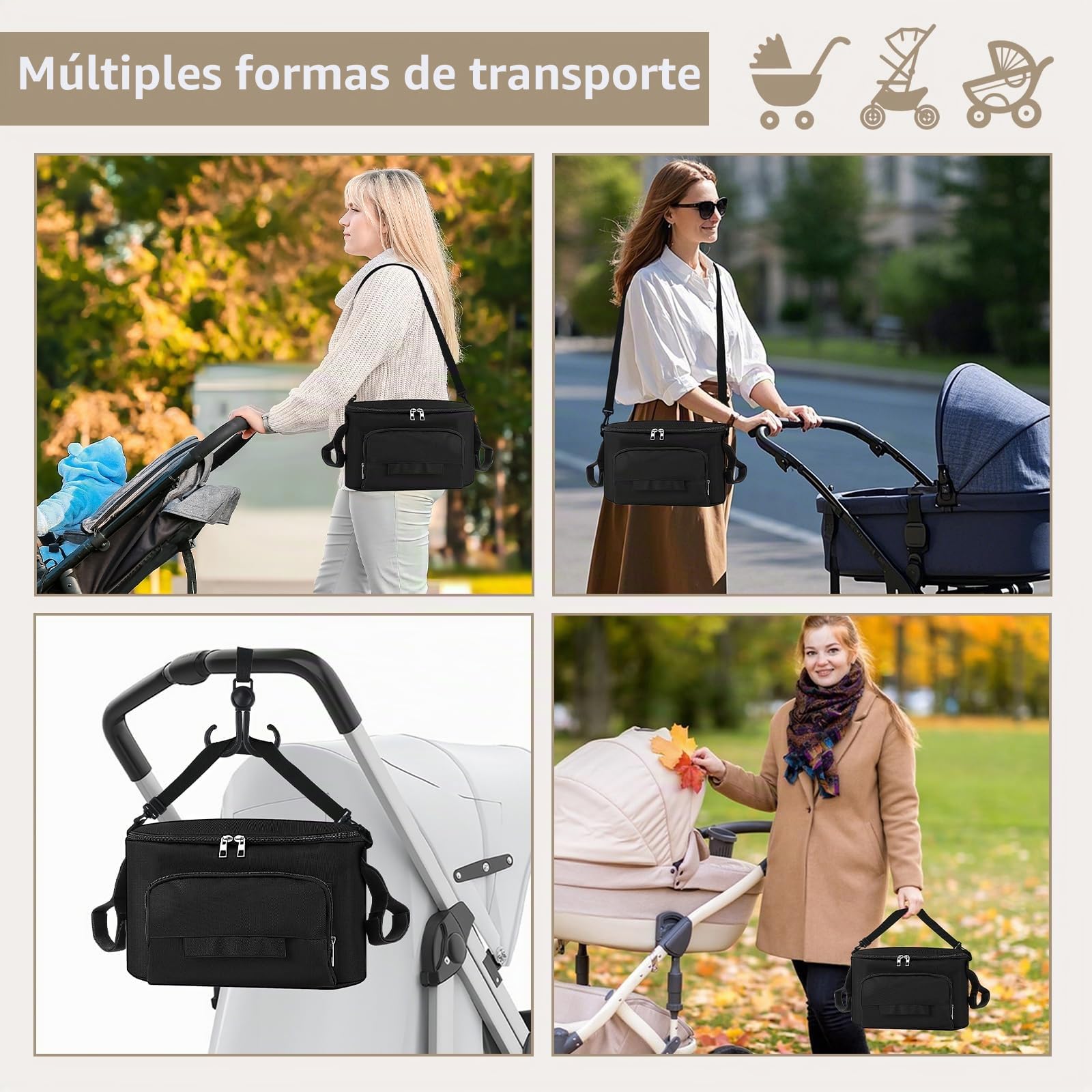 Bolso Carro Bebé Universal, Impermeable Bolsa Organizadora de Cochecitos con Correas, Gran Espacio, Bolsa Organizador de Cochecito para Pañales, Biberón, Pañuelos, Snacks(Negro)