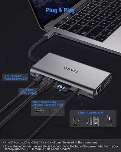 Miniatura 4 de Hub USB C, adaptador USB C, concentrador tipo C 10 en 1 con Ethernet RJ45 de 1000 M, HDMI 4K, VGA, puertos USB 3.0, puerto de carga PD 3.0, lectores