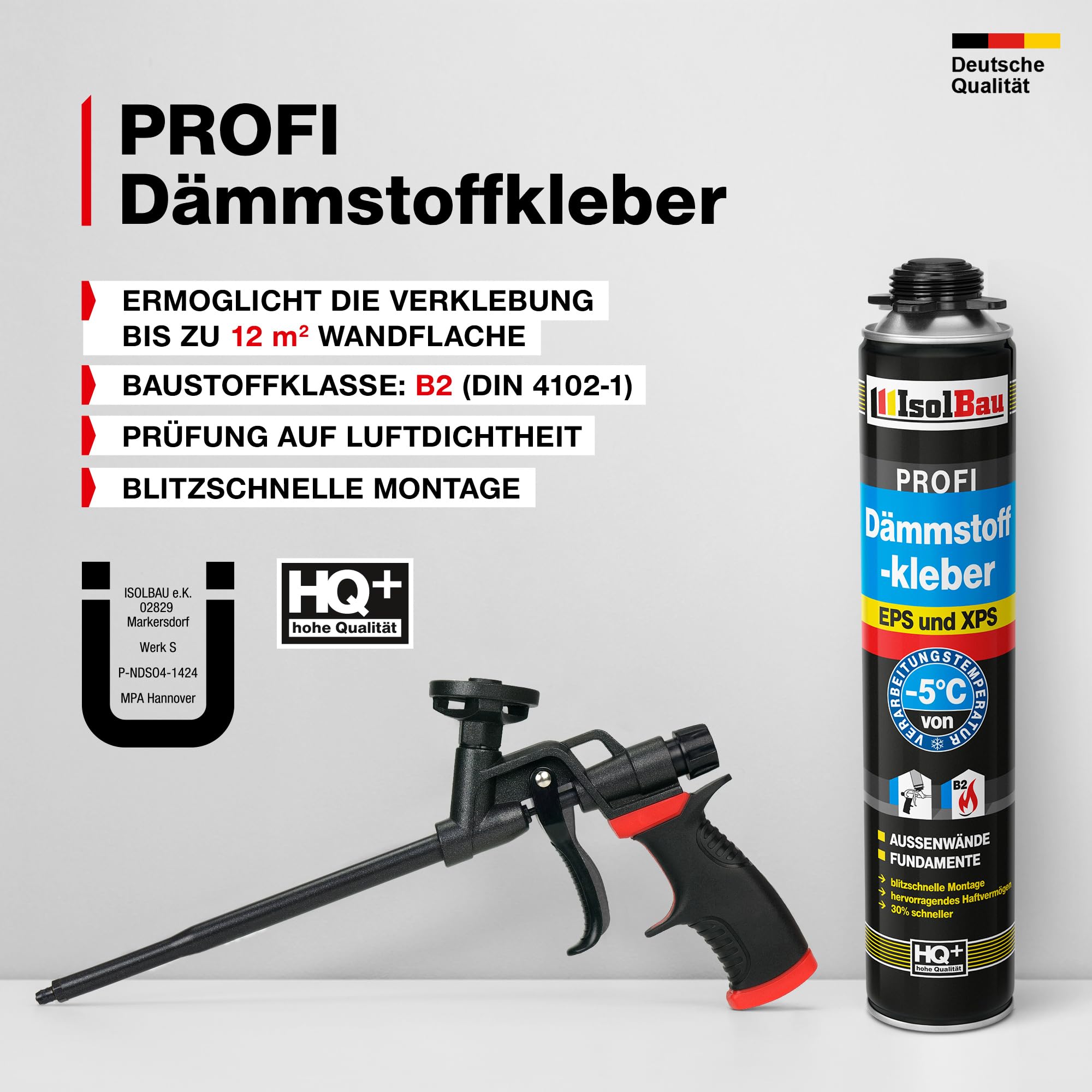 Isolbau B2 Dämmstoffkleber SET - 60 x 750 ml Perimeterkleber, 2 x PU-Schaum-Reiniger & 1x Schaumpistole für EPS & XPS-Platten - 1K PU-Klebeschaum für Fixieren und Dämmung