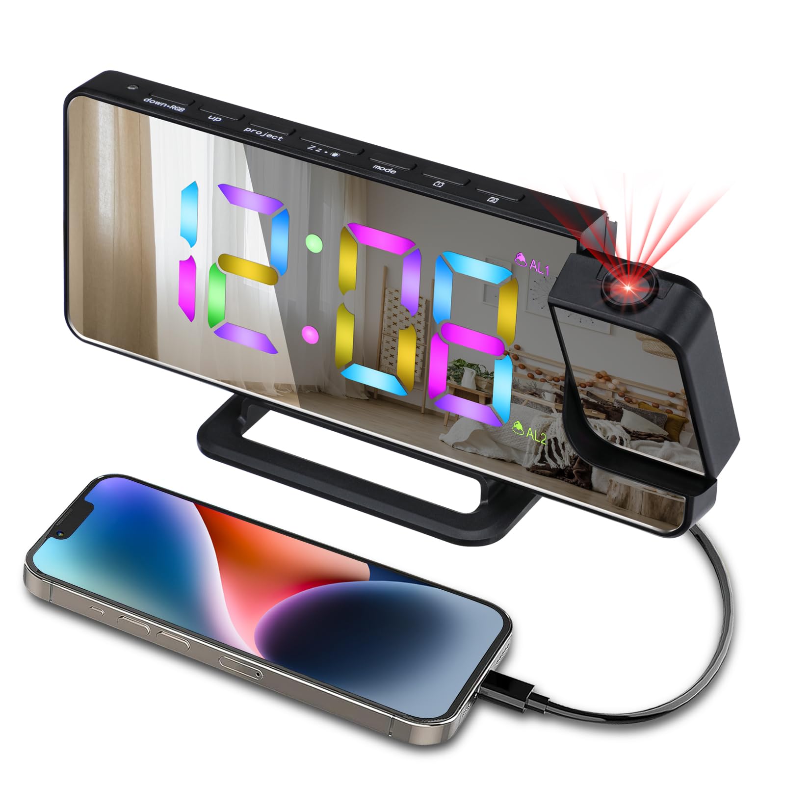 Digital Projection Alarm Clock for Bedside, Mirrored Digital Alarm Clock with 180° Rotating Projector LED, 6 Levels of Brightness Dimming, 5-60 Minute Snooze, USB Charger, Auto Dimmer, For Bedroom.