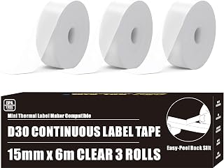 Clear Continuous D30 Labels Compatible for Phomemo D30 D35 Q30 Labelsl Tape | 0.59'' x 20ft Non-precut D30 Label Maker Tape for Vretti HP3 HP4 HP6 Print Master D30 Labels Refill D35 Q30 Clear 15mm x 6m