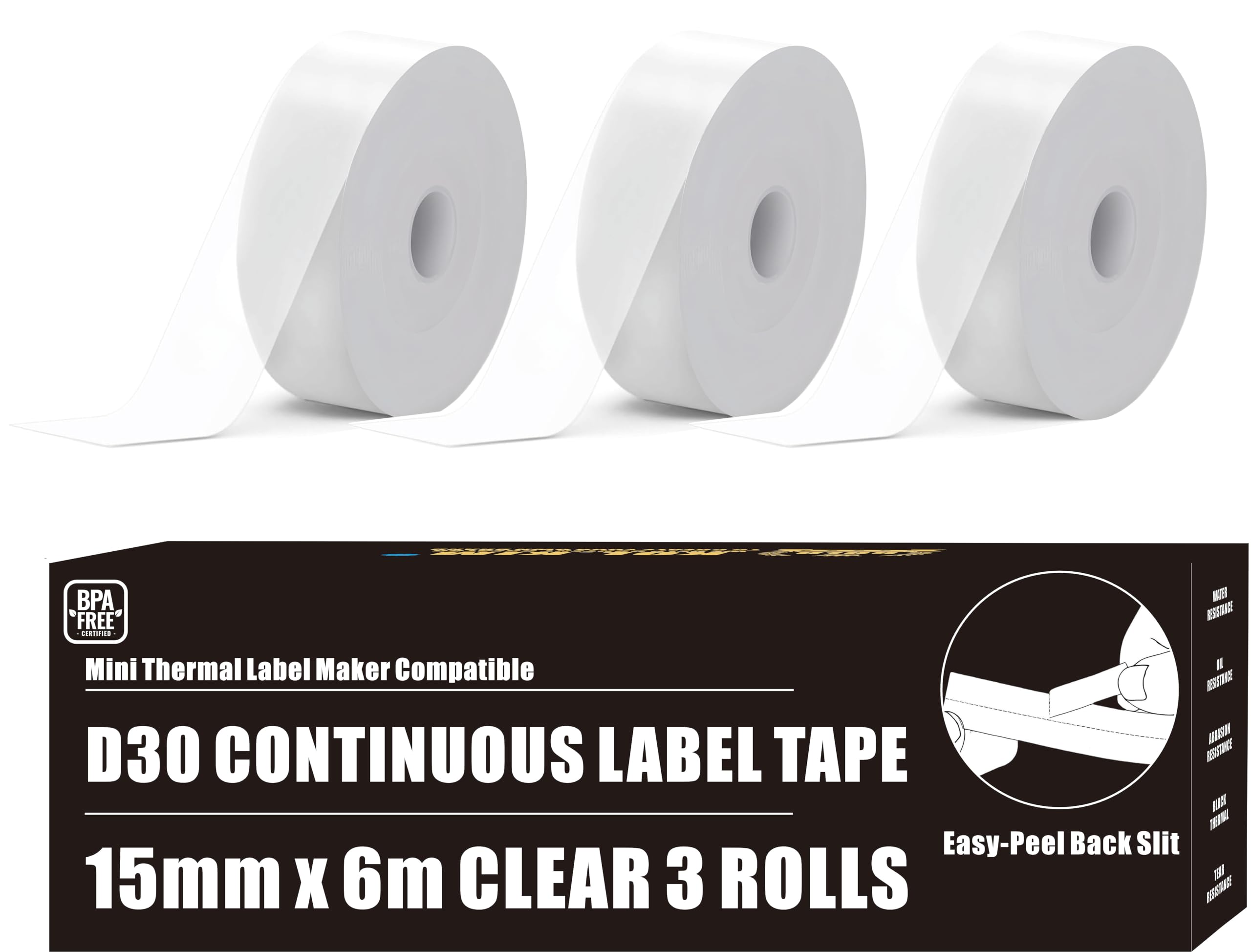 KOl.KIM Clear Continuous D30 Labels, 0.59" x 20ft Non-Precut Label Maker Tape for Phomemo D30, Vretti HP3, HP4, HP6, MARKLIFE P11, P15, D35, Q30, 3