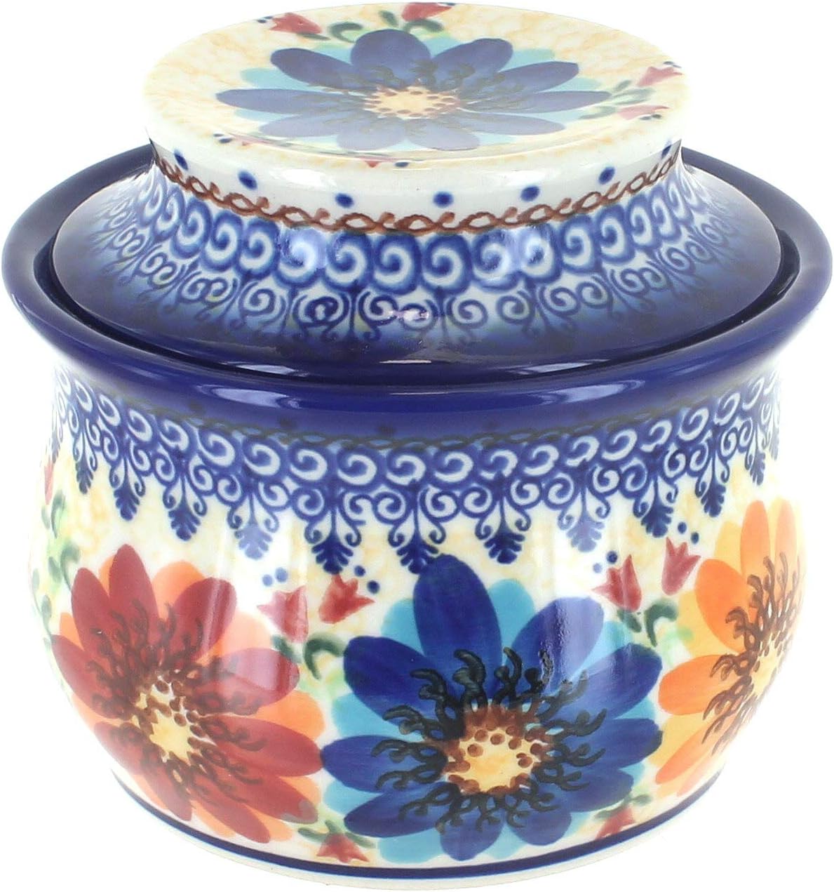 Blue Rose Polish Pottery - Orange Autumn Burst French Butter Dish - Fits 1 Stick - Butter Dish for Countertop Organization and Storage