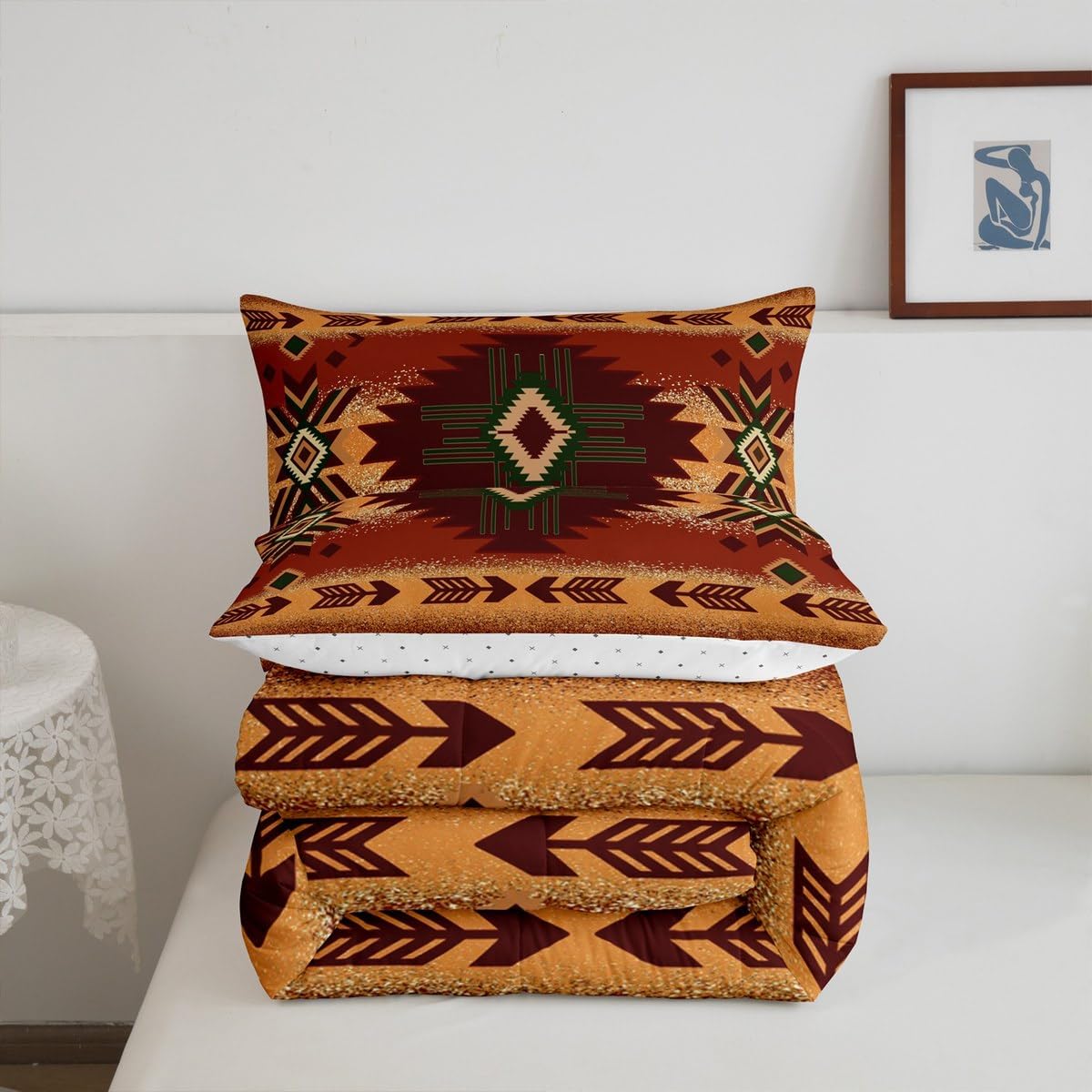 Feelyou Southwestern Geometric Duvet Quilt Kids Southwest Native Bedding Set Queen Size Tribal Orange Red Comforter Set for Room Decor Breathable Soft Microfiber Modern Art with 2 Pillow Case