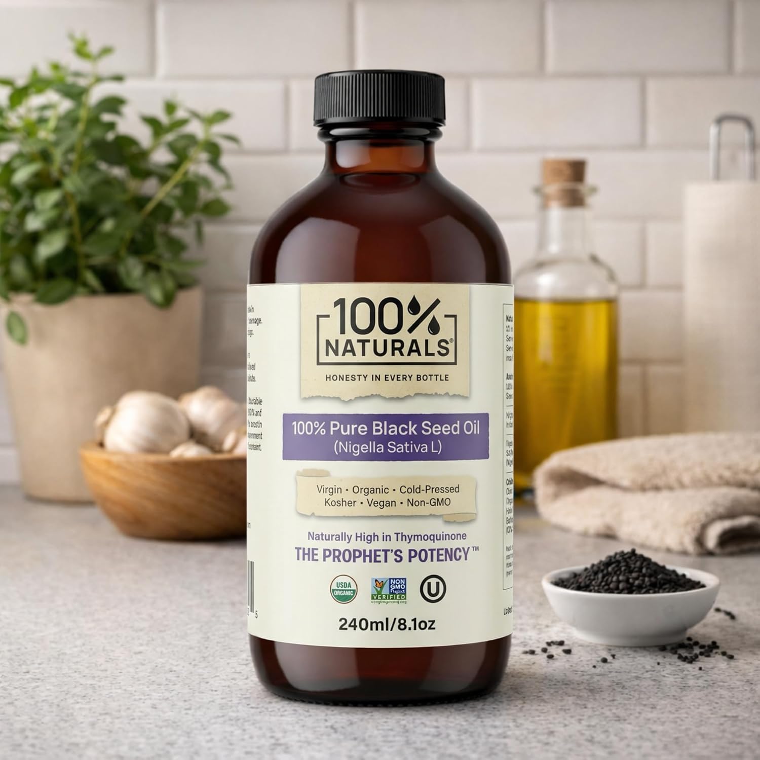 100% Naturals, Pure Virgin Organic Black Seed Oil (8oz Glass Premium Bottle) - Cold-Pressed Nigella Sativa Oil with Natural Antioxidants, High in Thymoquinone, Chemical-Free, Kosher, Non-GMO
