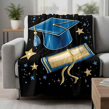 Throw Blankets, Blue Graduation Cap Diploma Flannel Fleece Blanket Luxury Soft Bed Blanket, Gold Stars Fuzzy Cozy Warm Fleece TV Blanket for Sofa Couch Chair 50 x 60 inches