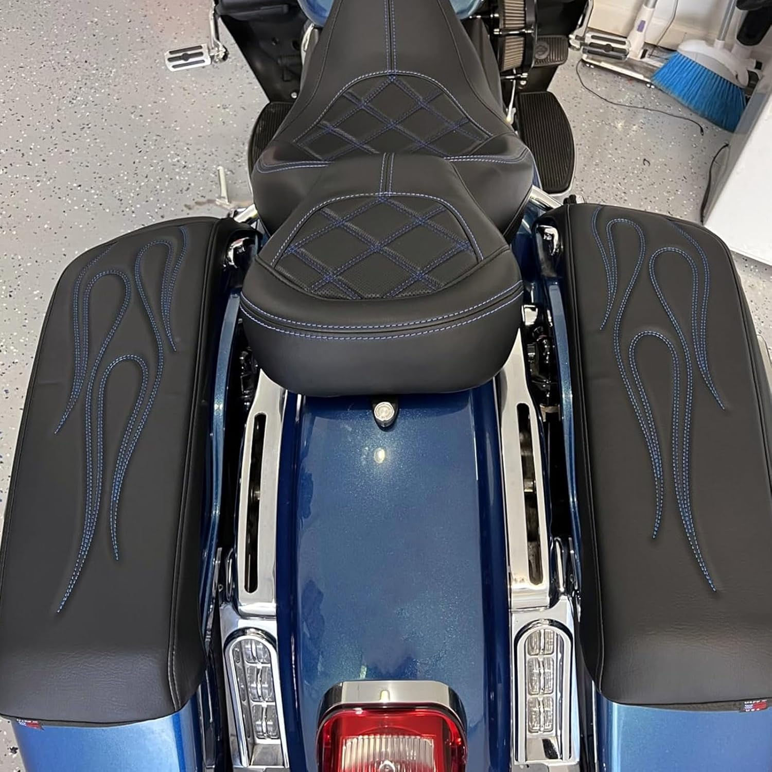 2014-2023 Blue Premium Flame Hard Saddle Bag Lid Covers for Harley Touring Road Street Electra Glide and Tri Glide