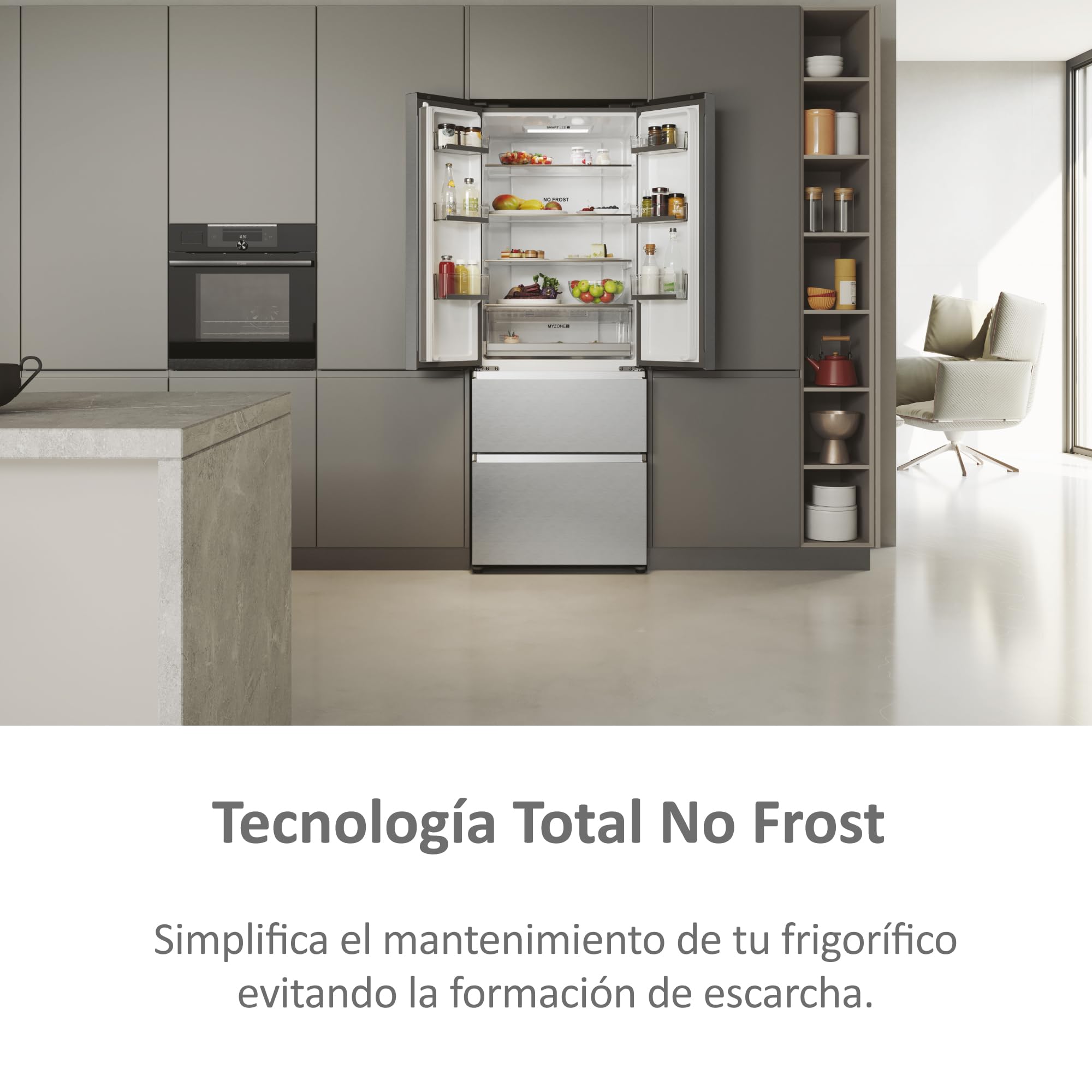 HAIER FD 70 Series 5 HFR5719ENMG - Frigorífico Puerta Francesa, Cajones Direct Access, Circular AirFlow, Motor Inverter, My Zone Plus, Total No Frost, Ancho 70cm, Alto 1,90m, 446L, Luz LED, Inox