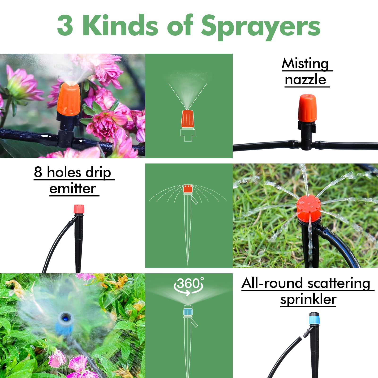 ASEVAT Kit de sistema de riego por goteo, sistema de riego de jardín de 26 pies + 197 pies con conectores de emisores de goteo, tubo de distribución de manguera, kit de riego automático por goteo para