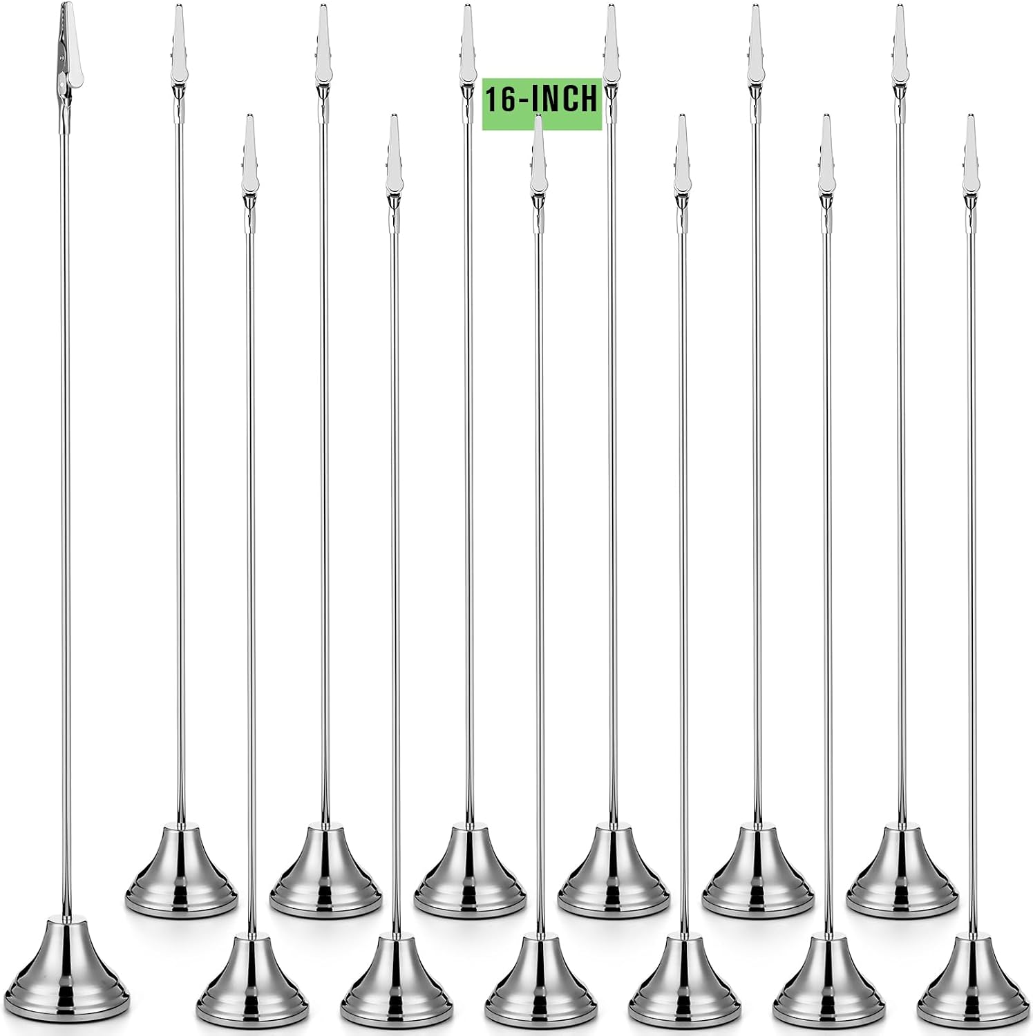 12 Pcs 16 in Tall Table Number Holders Place Card Holders, Silver | Extra Tall Place Card Stand with Alligator Clip Weighted Base, Metal, Wedding Reception, Restaurant, Banquet, Birthday