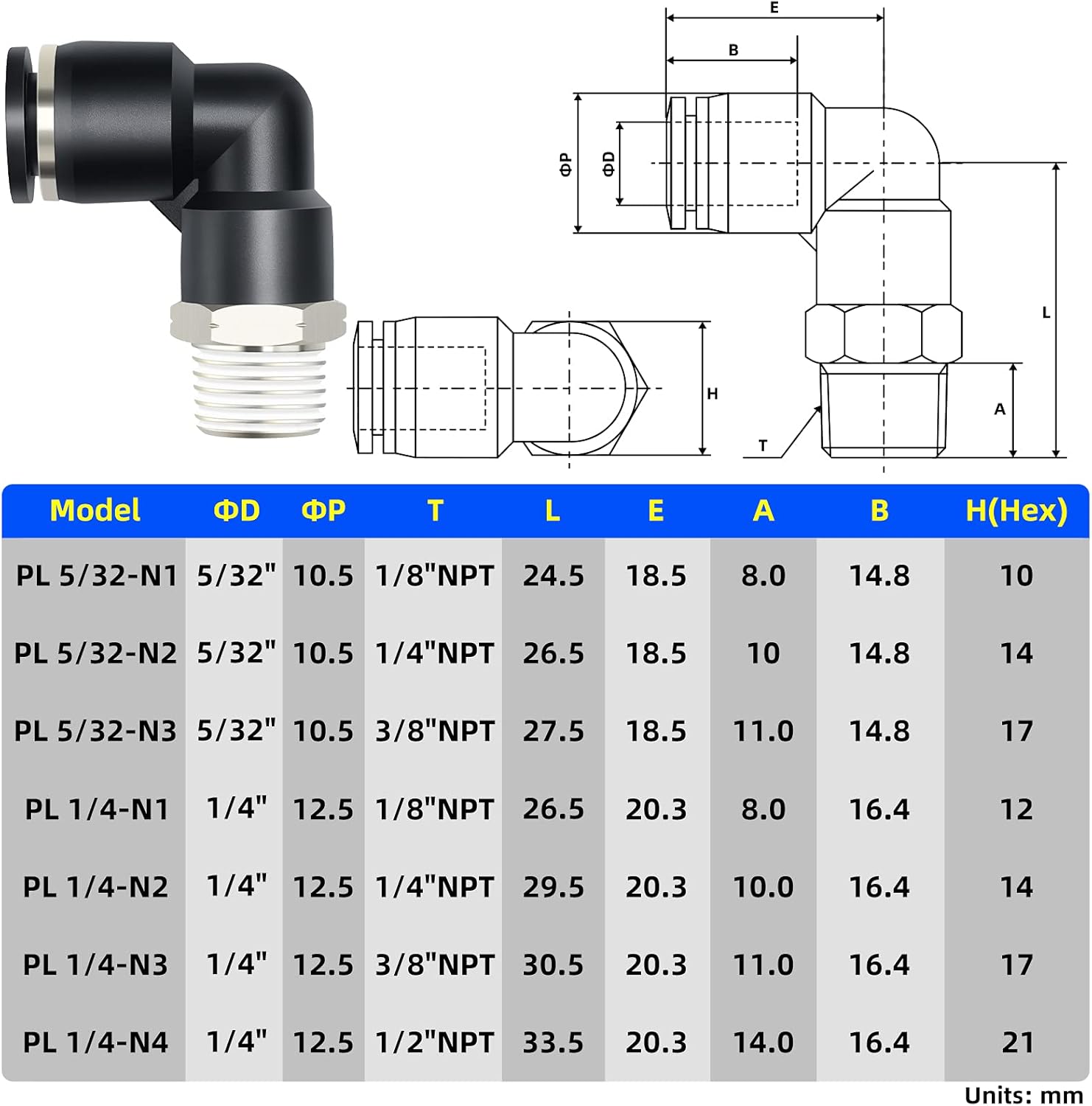 TAILONZ PNEUMATIC Elbow and Straight Combination 5/32 Inch Tube OD x 1/4 Inch NPT Thread Push to Connect Fittings PC-5/32-N2+PL-5/32-N2(Pack of 12) - Image 4