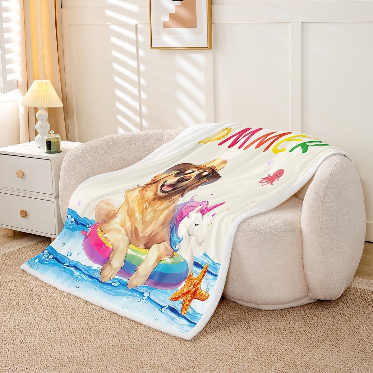 Summer Cool Throw Blanket Cute Dogs Fleece Blanket Seaside Vacation Bed Blanket for Couch or Bed Swimming Blanket Soft Warm Lightweight for Kids Adults Women Gift(40x50 Inches)