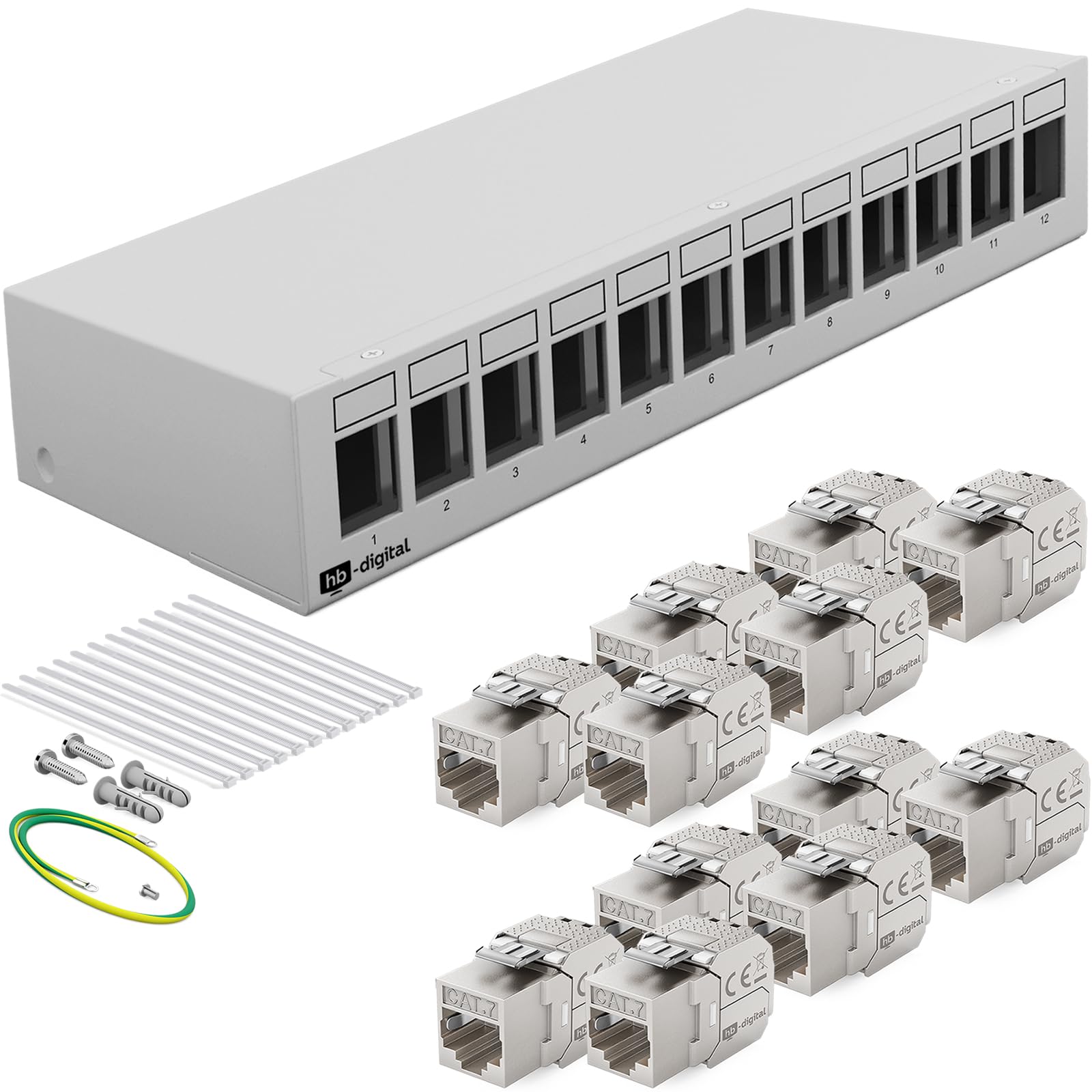 HB-DIGITAL 12-Port Patchpanel Patchfeld Verteilerfeld 1 HE 12x CAT 7 RJ45 Keystone Jack Modul vollgeschirmt STP 10 Gbps Kompatibel mit Verlegekabel Netzwerkkabel Ethernet LAN - Hellgrau