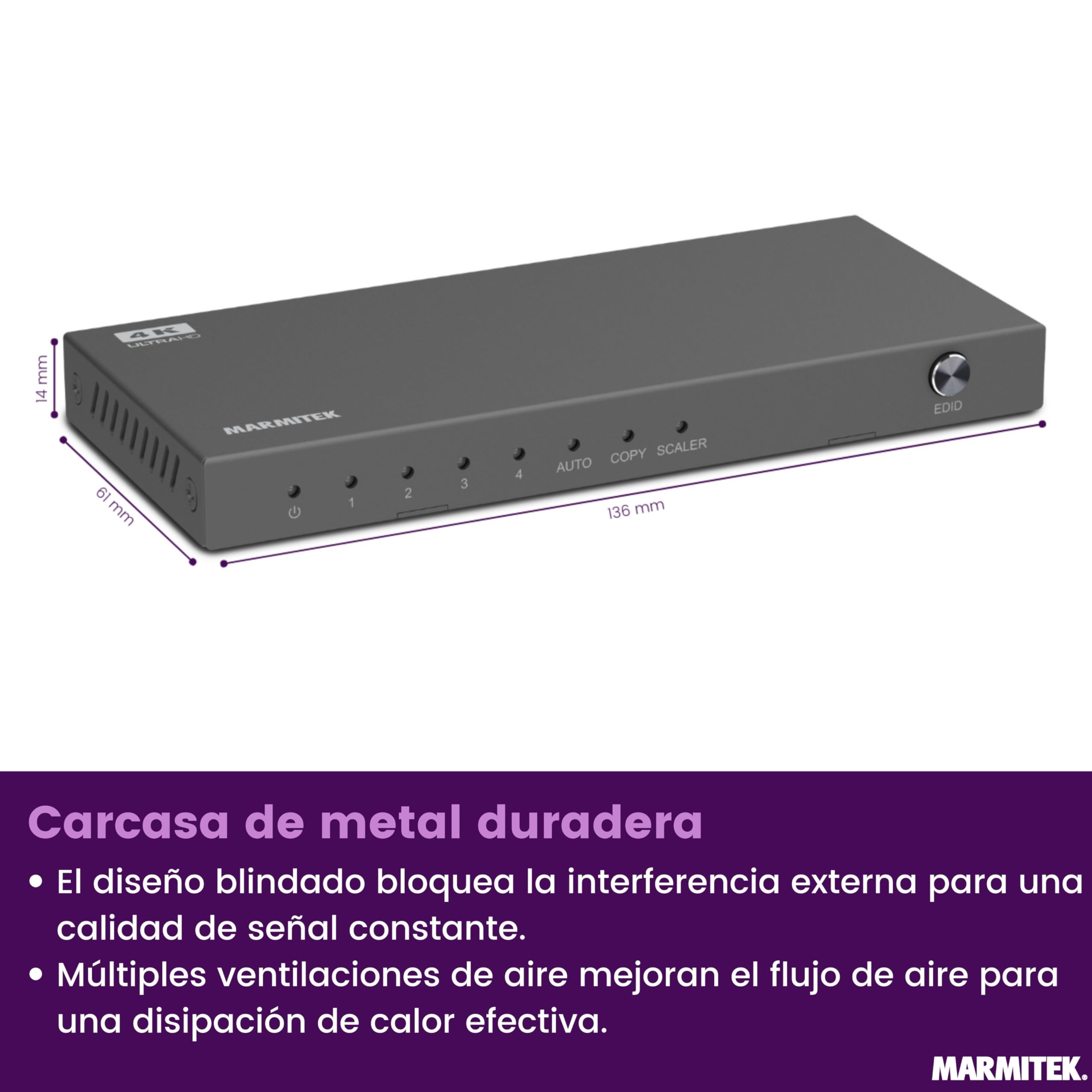 Splitter HDMI 4K 60Hz - Marmitek Split 614 Pro - 1 Entrada 4 Salidas - Compatible HDCP 2.2 - HDR10 - Duplicador HDMI Ultra HD - Repartidor Switch 1x4