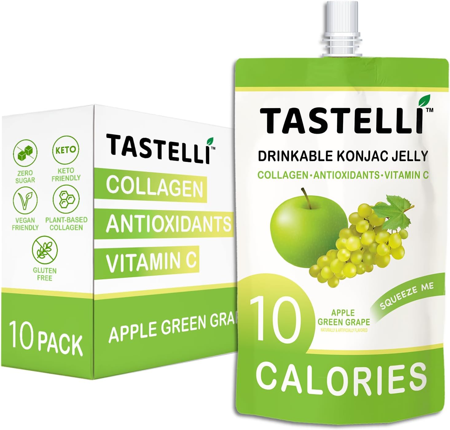 Tastelli Konjac Jelly Infused with Collagen & Vitamin C | Gluten Free, Sugar Free, Low Calorie | Vegan Drinkable Fruit Jelly Snack | Apple Green Grape | 150mL x 10 Pouches