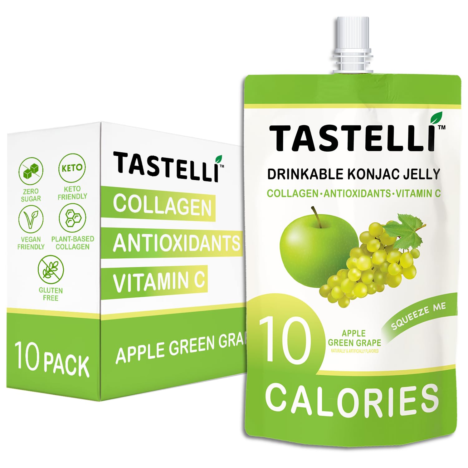 Tastelli Konjac Jelly Infused with Collagen & Vitamin C | Gluten Free, Sugar Free, Low Calorie | Vegan Drinkable Fruit Jelly Snack | Apple Green Grape | 150mL x 10 Pouches