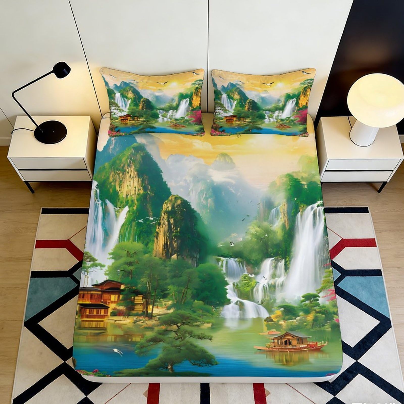 3D Printed Mountain Waterfall Fitted Sheet Microfiber Soft Scenic Village Bed Cover for Bedroom Guest Room Decor 90x200x25cm