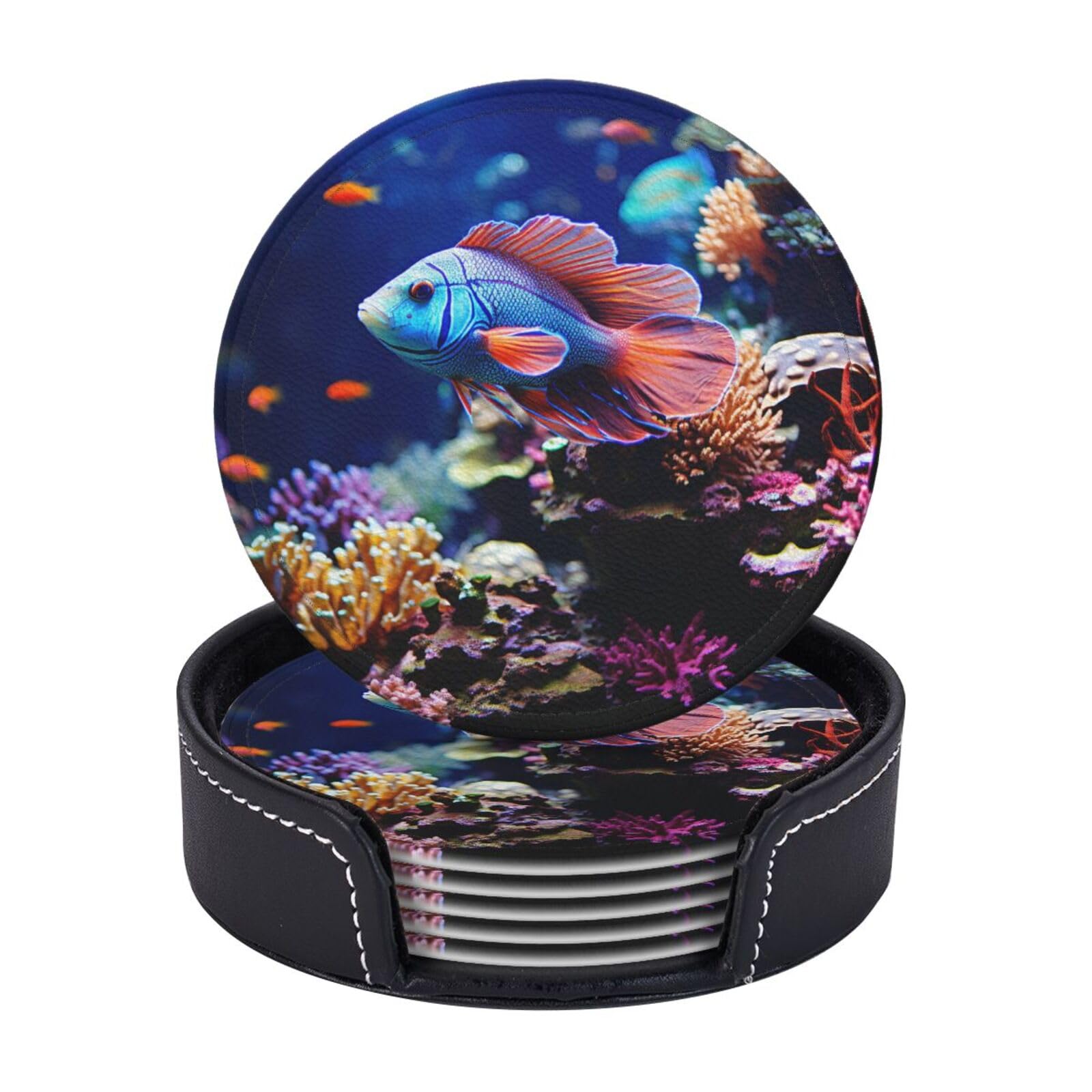 Round Coasters for Drinks Set of 6 - PU Leather Coasters with Holder - Modern Drink Coasters for Coffee Table - Coral Reef Fish Aquarium Coaster for Tabletop Protection 4" Cup Mat Pad