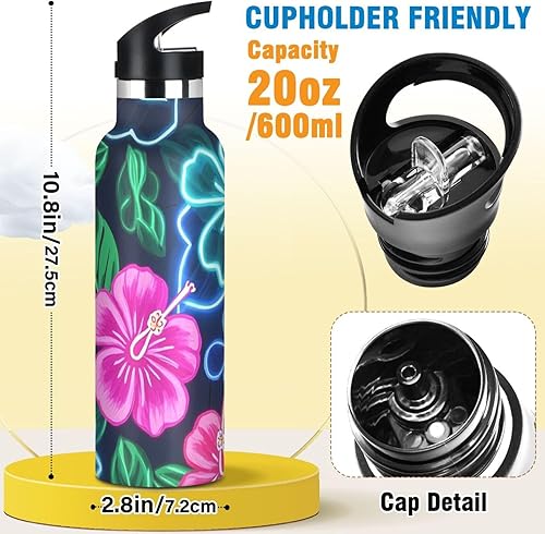 Miniatura 2 de Summer Neon Hibiscus Frangipani Flower - Botella de agua ligera con aislamiento deportivo con asa, para bebidas calientes y frías, doble pared para