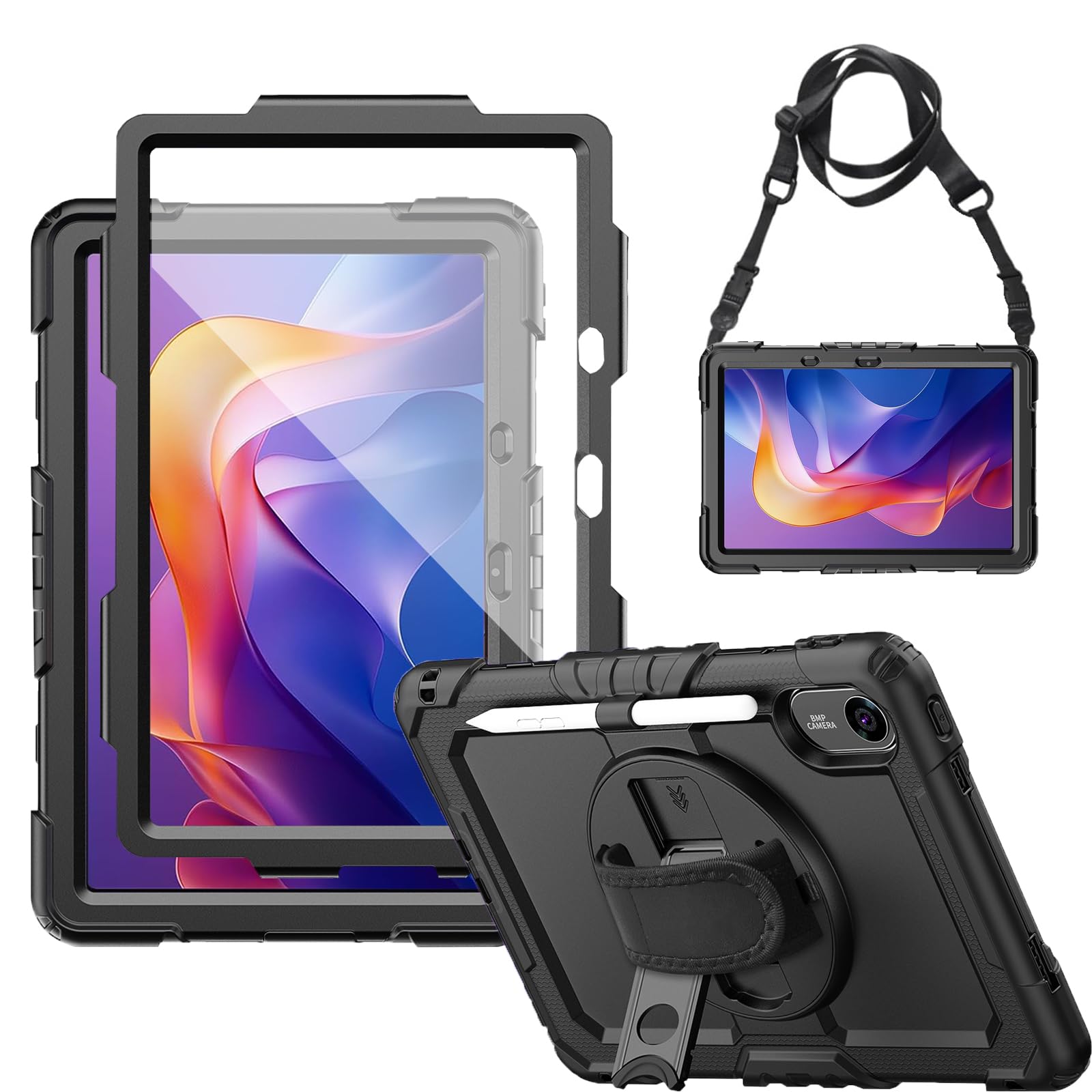 zenrich Coque Antichoc pour Xiaomi Redmi Pad 2 (11 Pouces) 2025, Étui de Protection Robuste avec Protecteur d'écran, 360° Support Rotative, Dragonne, Bandoulière et Porte-Stylet pour Redmi Pad 2–Noir