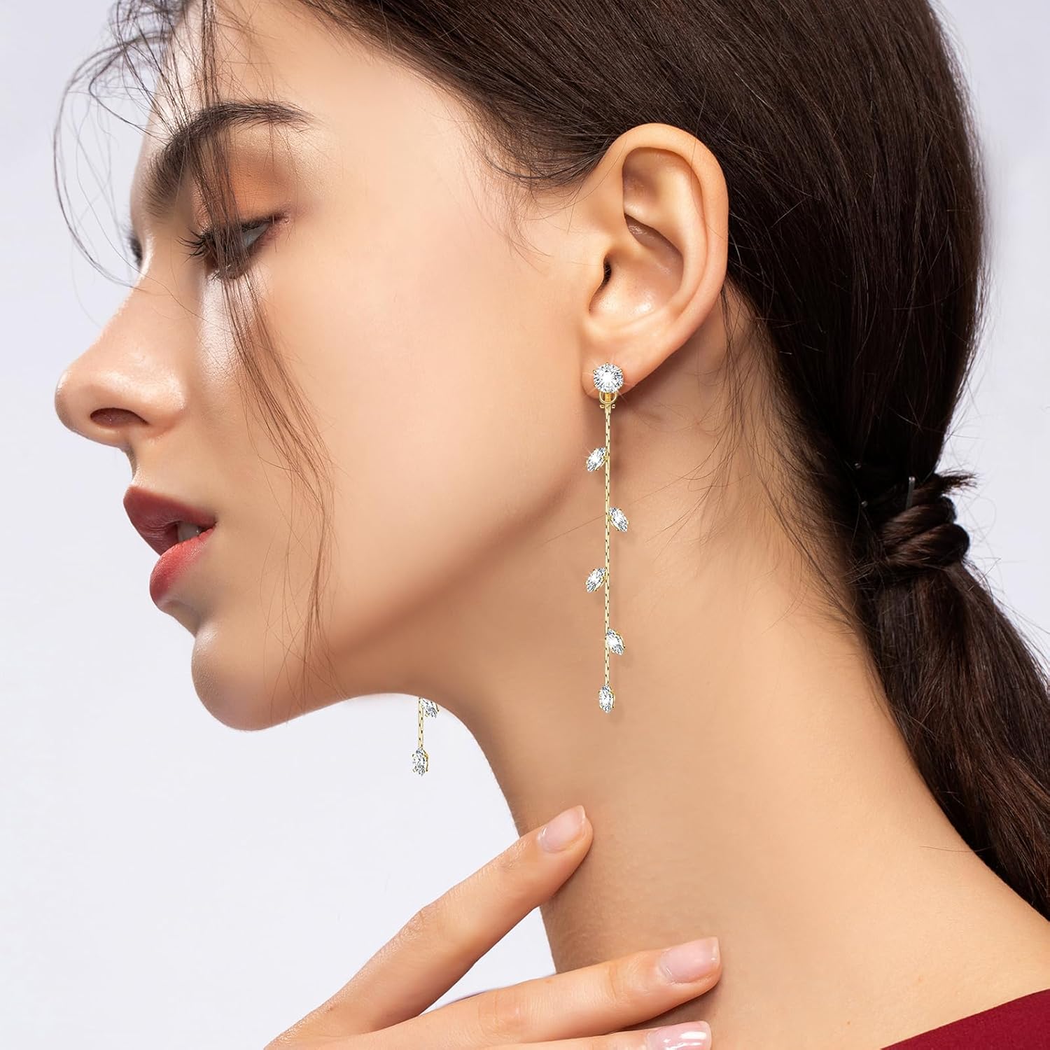 Gold/Silver Clip on Earrings Non Pierced for Women - 14K Gold Plated Long Tasse Drop Dangle Clip Earrings - Cubic Zirconia Leaf Earrings for Women Gold Wedding Jewelry Gifts - Image 3