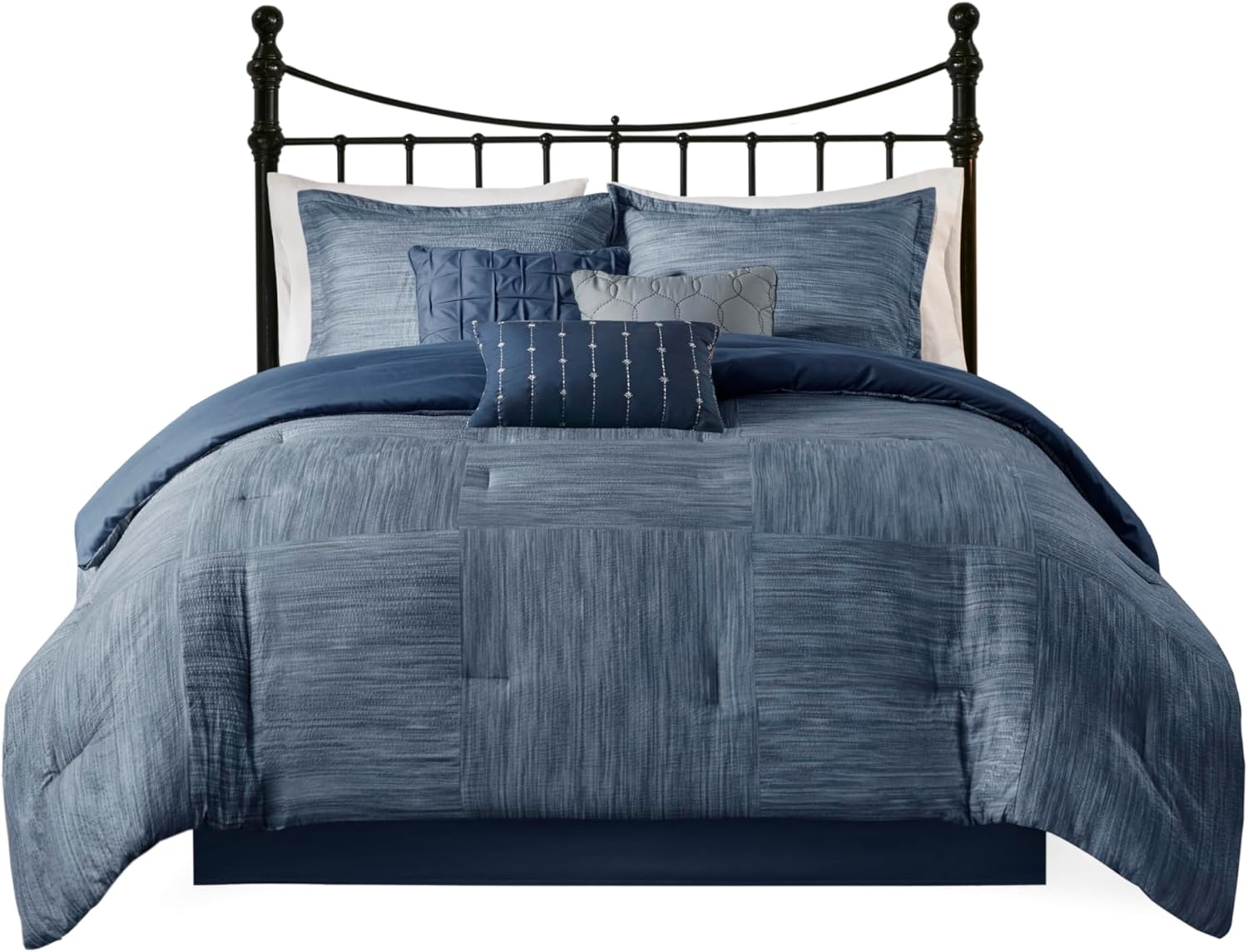 Madison Park Walter Comforter - Luxe Seersucker Print Design, All Season Down Alternative Bedding, Matching Shams, Bedskirt, Decorative Pillows, Navy King(104"x92") 7 Piece