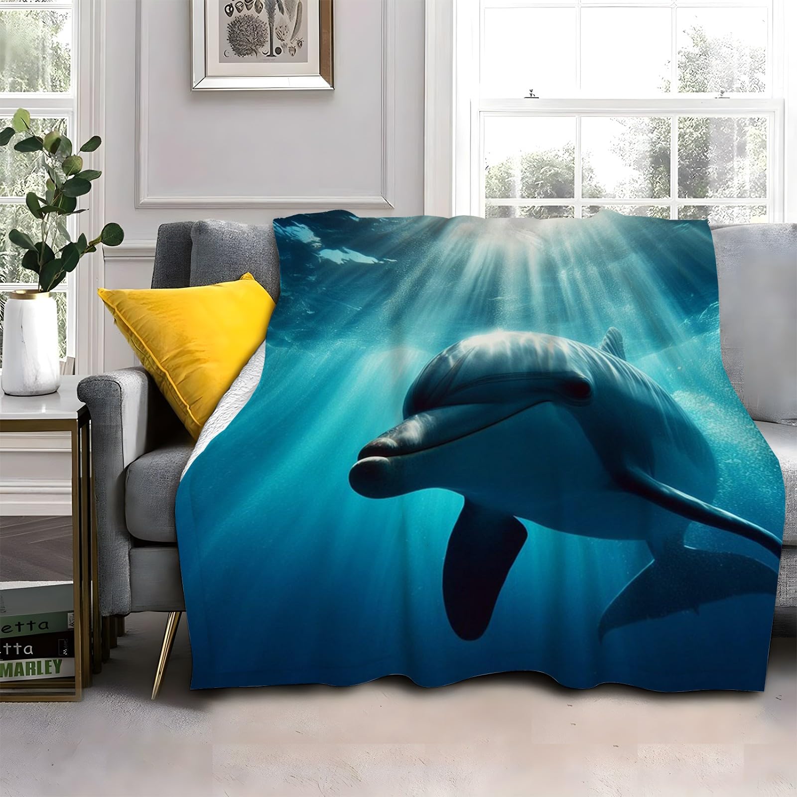 LLSZAHD Dolphin Blanket, Marine Animals Throw Blanket, Thick Warm Fuzzy Washable Flannel Blanket for Sofa, Chair, Car, Lap, Pets, excellent gift (30"x40")